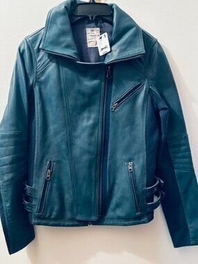 We The Free Cora Blue Mirage Sapphire Leather Moto Lined Strap Zip Jacket NEW XS